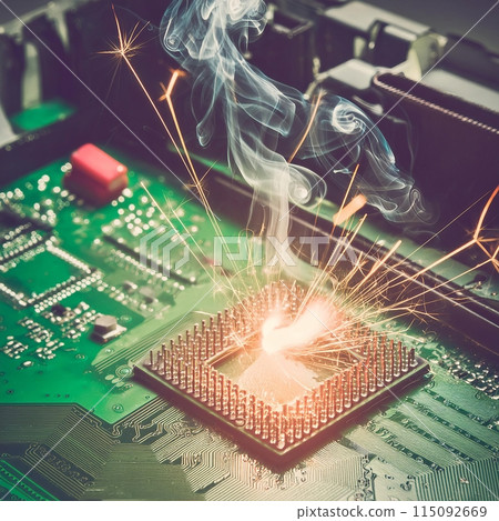Smoke Emerging From Close-Up Computer Motherboard. Generative AI 115092669