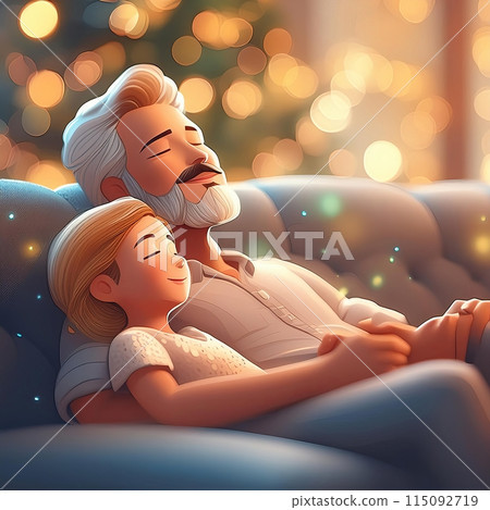 Man and Little Girl Sitting on a Couch. Generative AI Man and Little Girl Sitting on a Couch. Generative AI 115092719