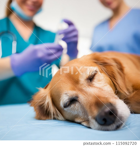 Dog Being Examined by Vet on Bed. Generative AI Dog Being Examined by Vet on Bed. Generative AI 115092720