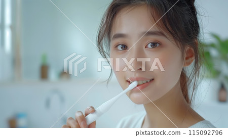 beautiful Chinese woman brushes her teeth in the bathroom 115092796