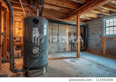 A modern water heating system in a residential basement featuring a water heater and expansion tank. 115092800