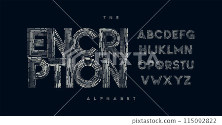 Stripe wires font, tech geometric line alphabet, creative technology font, modern element for branding, secure digital print, encrypted title, contemporary typography. Vector typeset. 115092822
