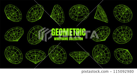 Wireframe lined shapes. Perspective mesh, 3d grid. Low poly geometric elements. Retro futuristic design elements, y2k, vaporwave and synthwave style. Vector illustration Wireframe lined shapes. Perspective mesh, 3d grid. Low poly geometric elements. Retro futuristic design elements, y2k, vaporwave and synthwave style. Vector illustration 115092980
