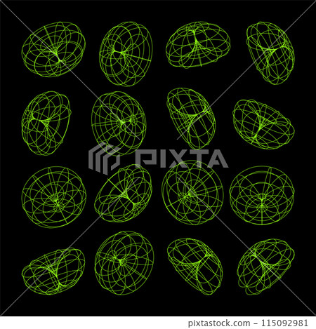 Wireframe lined shapes. Perspective mesh, 3d grid. Low poly geometric elements. Retro futuristic design elements, y2k, vaporwave and synthwave style. Vector illustration 115092981