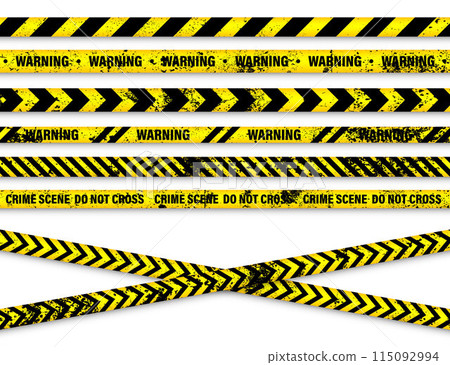 Old grunge barricade construction tape. Yellow police warning line, brightly colored danger or hazard stripe, ribbon. Restricted area, zone. Attention symbol. Vector illustration Old grunge barricade construction tape. Yellow police warning line, brightly colored danger or hazard stripe, ribbon. Restricted area, zone. Attention symbol. Vector illustration 115092994
