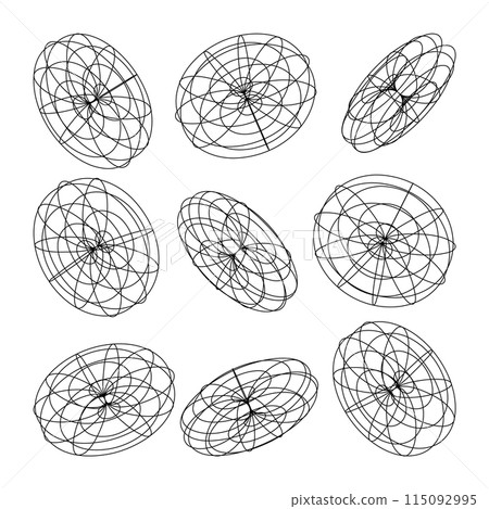 Wireframe lined shapes. Perspective mesh, 3d grid. Low poly geometric elements. Retro futuristic design elements, y2k, vaporwave and synthwave style. Vector illustration Wireframe lined shapes. Perspective mesh, 3d grid. Low poly geometric elements. Retro futuristic design elements, y2k, vaporwave and synthwave style. Vector illustration 115092995