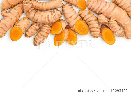 turmeric root isolated on white background. Top view with copy space for your text. Flat lay turmeric root isolated on white background. Top view with copy space for your text. Flat lay 115093151