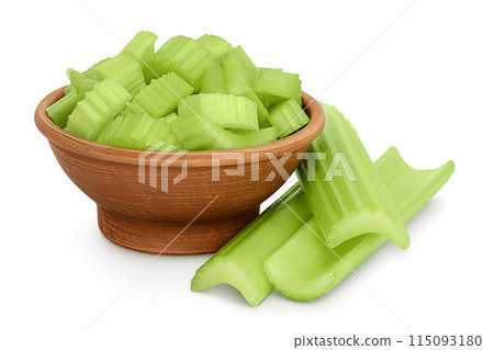 fresh celery in ceramic bowl isolated on white background with full depth of field 115093180
