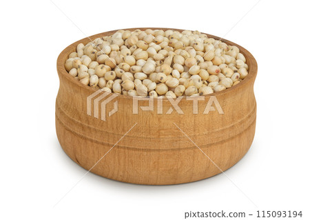 Sorghum seeds in wooden bowl isolated on white background with full depth of field. Sorghum seeds in wooden bowl isolated on white background with full depth of field. 115093194