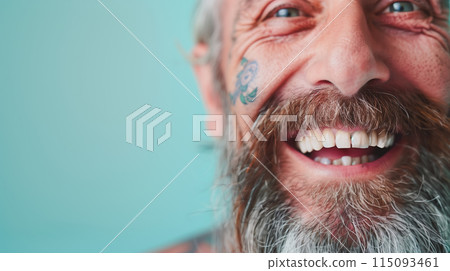 Close up portrait of happy elderly optimist man with tattoo face. Modern Aging. Close up portrait of happy elderly optimist man with tattoo face. Modern Aging. 115093461