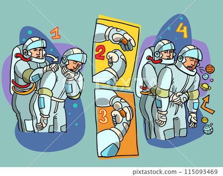 Heimlich maneuver, saving someone choking on food. An astronaut helps a colleague because of the large number of planets. Humorous instructions for astronauts. Space forum and cosmonautics day. 115093469
