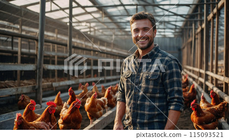 Happy male farmer on rural farm with poultry. 115093521