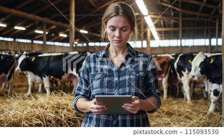 Happy woman farmer with computer tablet on rural farm with cows, cow cattle. Happy woman farmer with computer tablet on rural farm with cows, cow cattle. 115093530