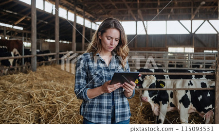 Happy woman farmer with computer tablet on rural farm with cows, cow cattle. 115093531