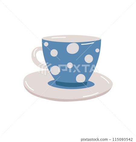 Blue tea cup on white background. Blue polka dot cup. 115093542