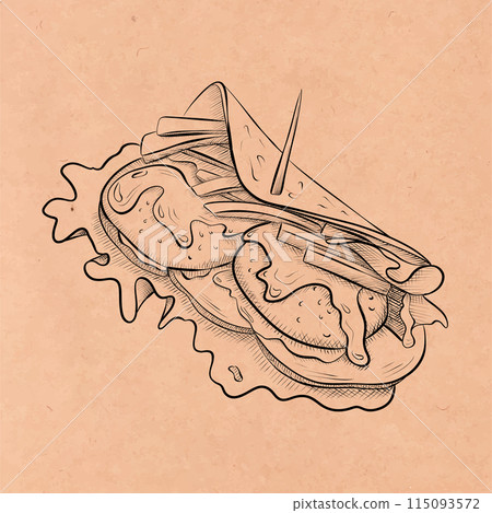 drawing lines. line art dishes: food in pita bread with greens, cutlet, cheese. Vector minimalistic design 115093572