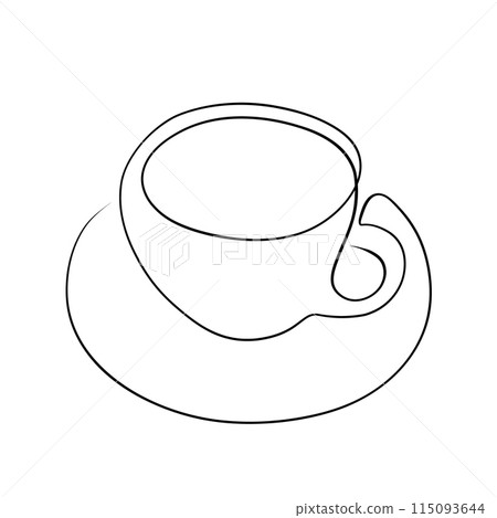 One continuous drawing line. Printable decorative poster with general concept of cup with hot coffee drink 115093644