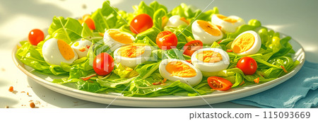 A perfect combination of delicious and healthy. Fresh salad with arugula, baby leaves, cherry tomatoes and boiled eggs. 115093669