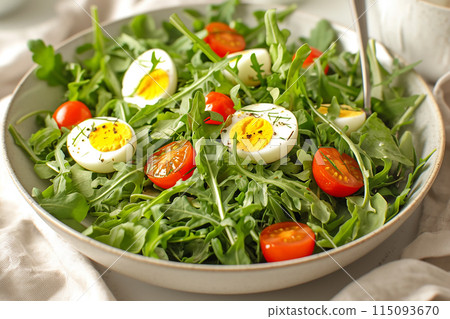 A perfect combination of delicious and healthy. Fresh salad with arugula, baby leaves, cherry tomatoes and boiled eggs. A perfect combination of delicious and healthy. Fresh salad with arugula, baby leaves, cherry tomatoes and boiled eggs. 115093670