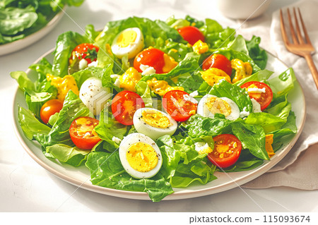 美味與健康的完美結合。新鮮的沙拉。芝麻菜和嫩葉配櫻桃番茄和水煮蛋 美味與健康的完美結合。新鮮的沙拉。芝麻菜和嫩葉配櫻桃番茄和水煮蛋 115093674