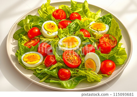 A perfect combination of delicious and healthy. Fresh salad with arugula, baby leaves, cherry tomatoes and boiled eggs. 115093681