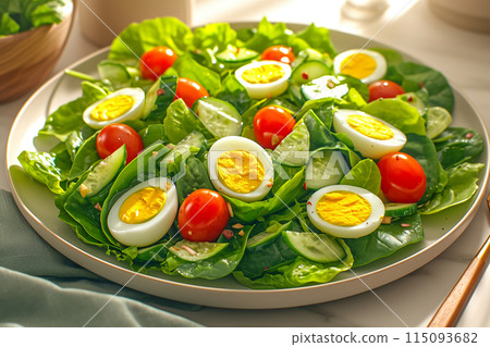A perfect combination of delicious and healthy. Fresh salad with arugula, baby leaves, cherry tomatoes and boiled eggs. A perfect combination of delicious and healthy. Fresh salad with arugula, baby leaves, cherry tomatoes and boiled eggs. 115093682