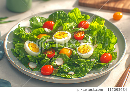 A perfect combination of delicious and healthy. Fresh salad with arugula, baby leaves, cherry tomatoes and boiled eggs. A perfect combination of delicious and healthy. Fresh salad with arugula, baby leaves, cherry tomatoes and boiled eggs. 115093684