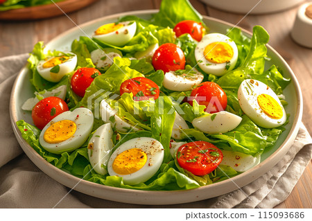 A perfect combination of delicious and healthy. Fresh salad with arugula, baby leaves, cherry tomatoes and boiled eggs. 115093686