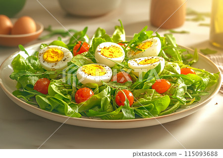 美味與健康的完美結合。新鮮的沙拉。芝麻菜和嫩葉配櫻桃番茄和水煮蛋 115093688
