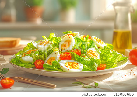 A perfect combination of delicious and healthy. Fresh salad with arugula, baby leaves, cherry tomatoes and boiled eggs. 115093690