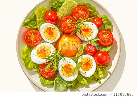 A perfect combination of delicious and healthy. Fresh salad with arugula, baby leaves, cherry tomatoes and boiled eggs. 115093693