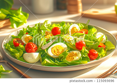 A perfect combination of delicious and healthy. Fresh salad with arugula, baby leaves, cherry tomatoes and boiled eggs. 115093696