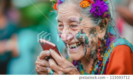 Senior woman man using smartphone. Modern Aging and joyful elderly lifestyle concept. Senior woman man using smartphone. Modern Aging and joyful elderly lifestyle concept. 115093712