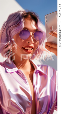 Smiling woman wearing a light purple sunscreen suit, holding a mobile phone. Smiling woman wearing a light purple sunscreen suit, holding a mobile phone. 115093753
