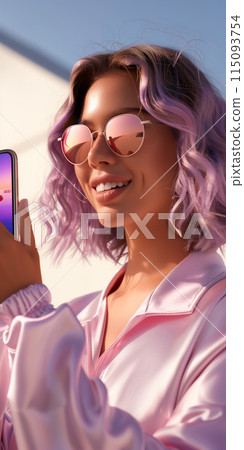 Smiling woman wearing a light purple sunscreen suit, holding a mobile phone. 115093754