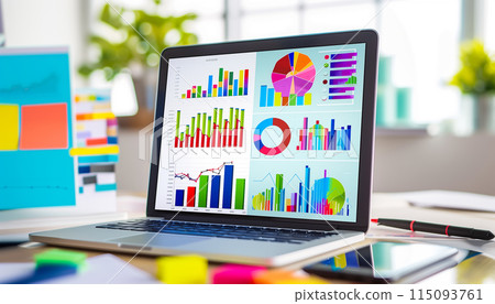 Close up view of laptop screen with financial diagram project statistics 115093761