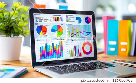 Close up view of laptop screen with financial diagram project statistics 115093763