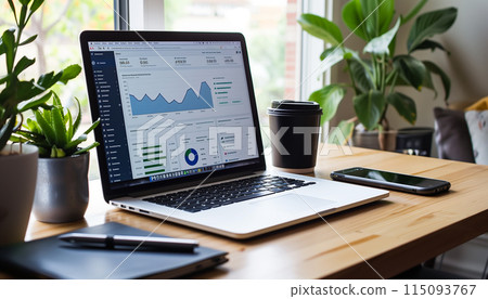 Close up view of laptop screen with financial diagram project statistics 115093767
