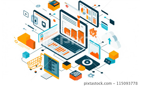 Concept with laptop computer, charts diagrams, graphs and place for text. Concept with laptop computer, charts diagrams, graphs and place for text. 115093778