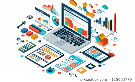Concept with laptop computer, charts diagrams, graphs and place for text. Concept with laptop computer, charts diagrams, graphs and place for text. 115093779
