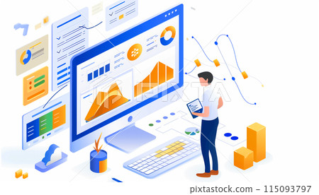 Concept with laptop computer, charts diagrams, graphs and place for text. Concept with laptop computer, charts diagrams, graphs and place for text. 115093797