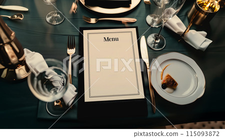 Menu card mockup with festive wedding or birthday table setting. Minimal blank card mockup 115093872