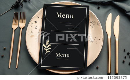 Menu card mockup with festive wedding or birthday table setting. Minimal blank card mockup 115093875