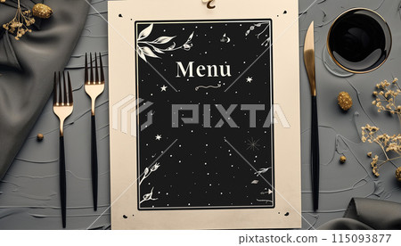 Menu card mockup with festive wedding or birthday table setting. Minimal blank card mockup 115093877