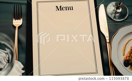 Menu card mockup with festive wedding or birthday table setting. Minimal blank card mockup Menu card mockup with festive wedding or birthday table setting. Minimal blank card mockup 115093878