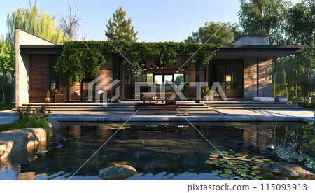 Front elevation of a new modern Scandinavian style home. 115093913