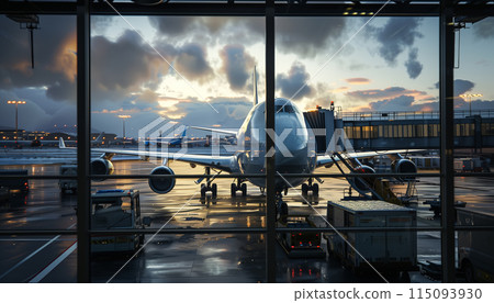 Loading cargo on the plane in airport, view through window 115093930