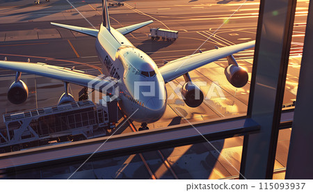 Loading cargo on the plane in airport, view through window 115093937