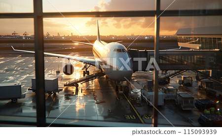 Loading cargo on the plane in airport, view through window 115093939