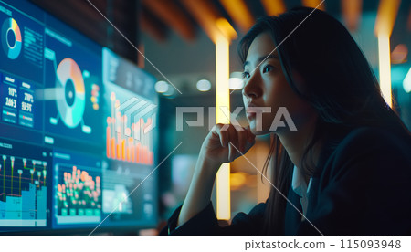 Asian woman using futuristic interface of a dashboard. 115093948